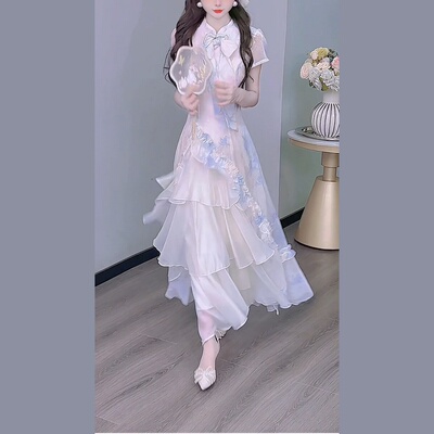 公主家8628新中式国风盘扣碎花连衣裙女夏季温柔风收腰显瘦长裙