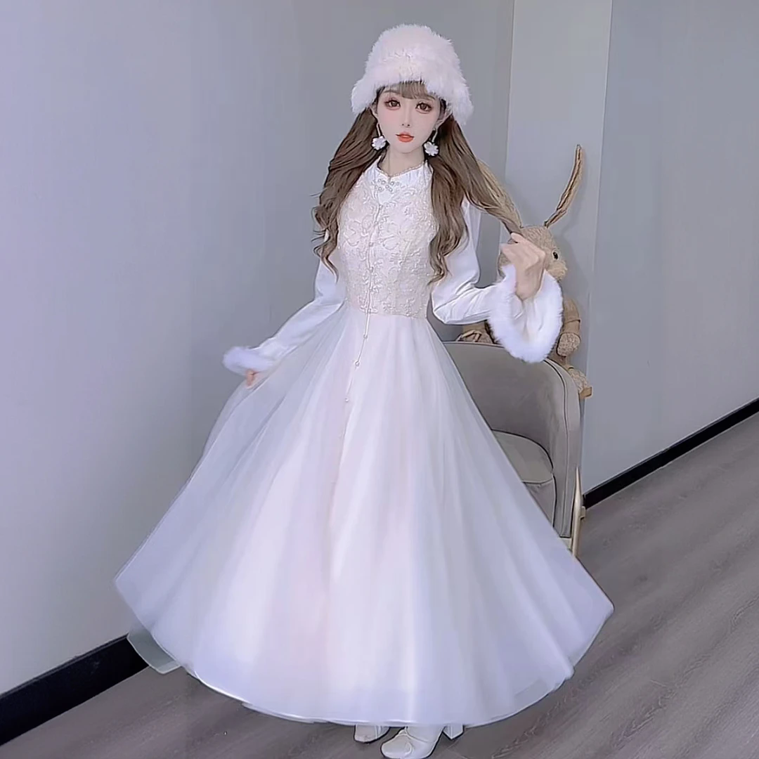 公主家9073新款秋冬喇叭袖立领旗袍+蕾丝长款马甲裙两件套套装