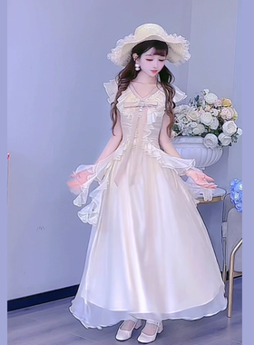 公主家99008新款荷叶边V领显瘦连衣裙蝴蝶结装饰小个子长裙