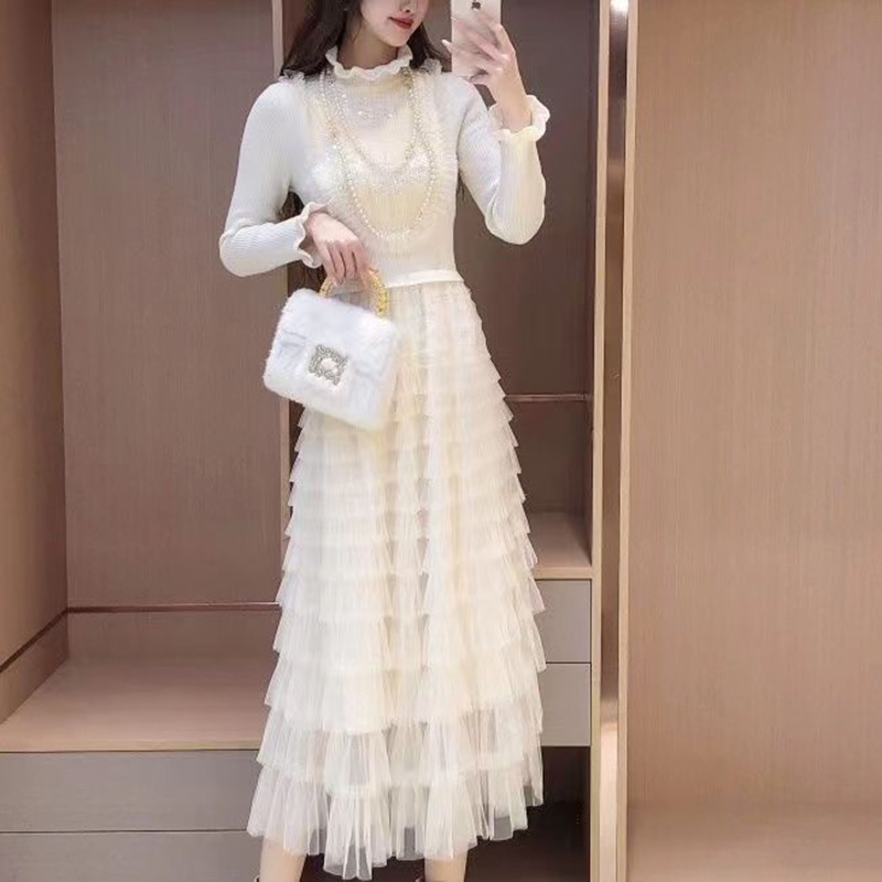 （里P）公主家9095立领水晶珍珠针织拼接蛋糕连衣裙仙女