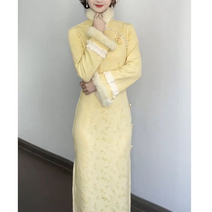 公主家9554绝美新中式鹅黄色改良旗袍冬季加厚气质连衣裙女