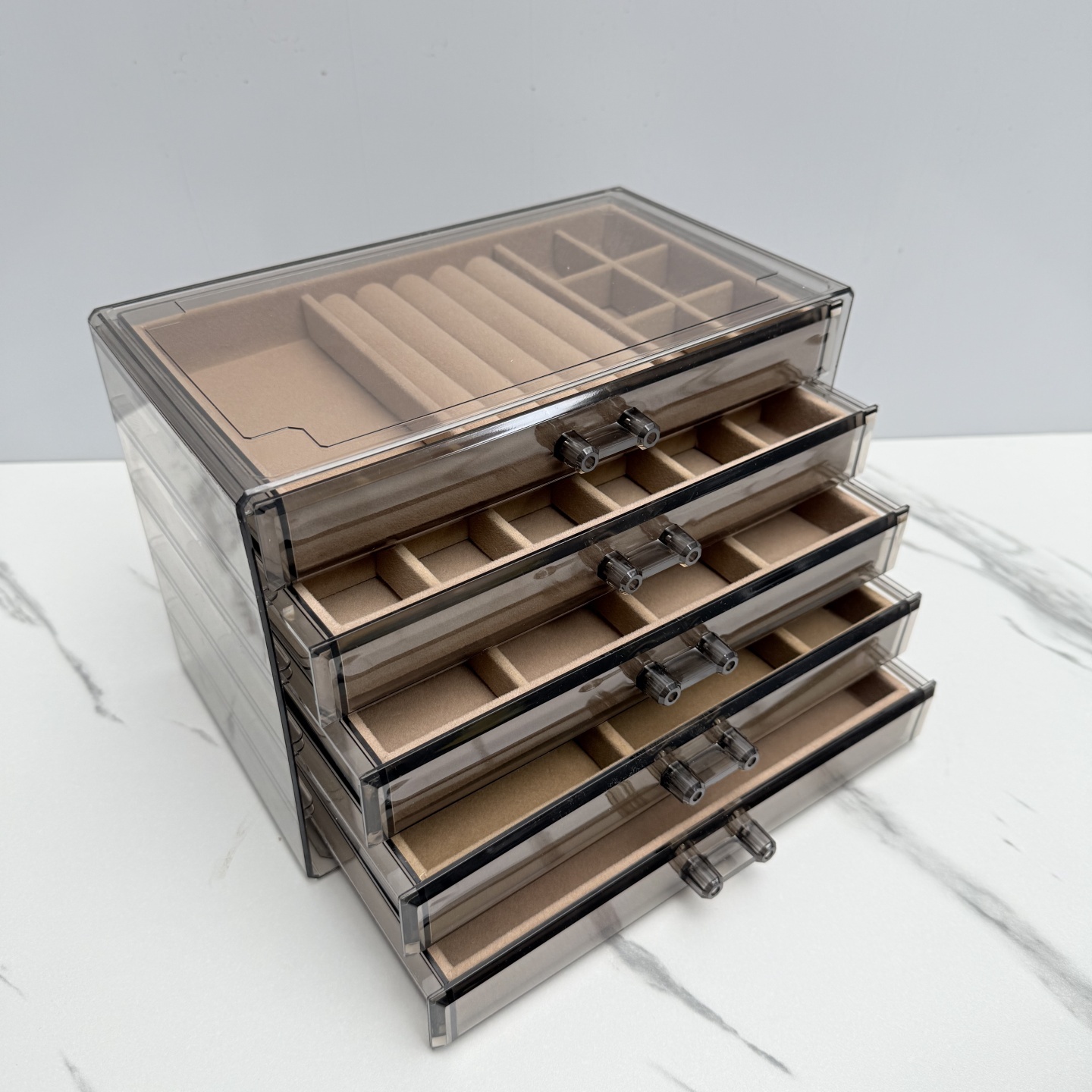 亚克力透明首饰盒棕绒大容量防尘