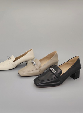 FEDERICA DI DONATO方头kelly扣羊皮粗跟乐福鞋 中跟真皮拖鞋女鞋