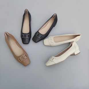 40码 DONATO真皮方头小香风单鞋 粗跟羊皮平底鞋 女 FEDERICA