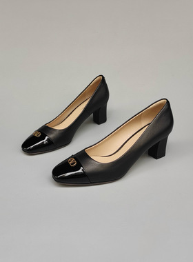 FEDERICA DI DONATO新款方头真皮浅口V扣高跟鞋 百搭拼色粗跟女鞋