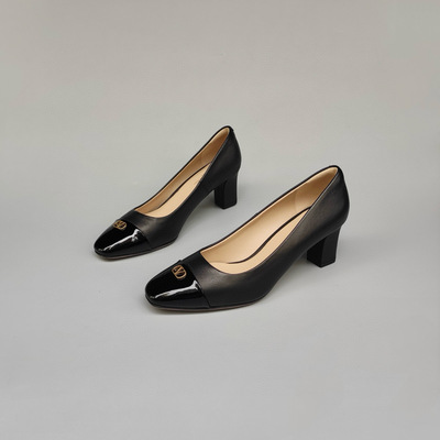 FEDERICA DI DONATO新款方头真皮浅口V扣高跟鞋 百搭拼色粗跟女鞋