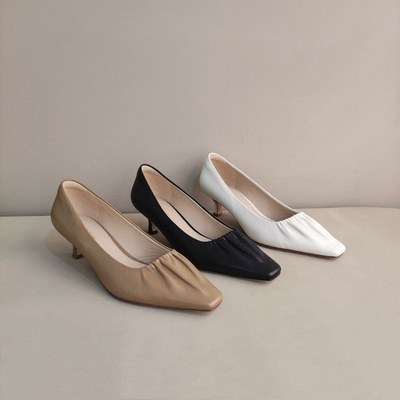 FEDERICA DI DONATO 包邮25新款羊皮方头小跟鞋女   浅口低跟单鞋