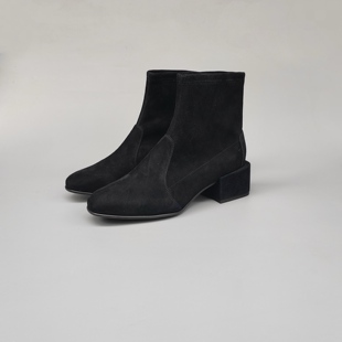 FEDERICA DI DONATO 羊反绒粗跟简约弹力靴圆头真皮瘦瘦短筒靴女