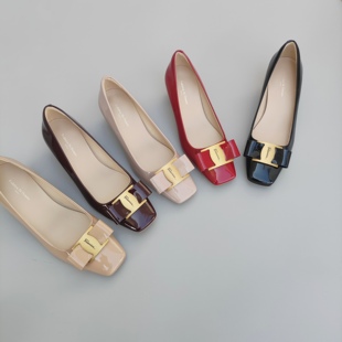 Federica Di Donato 包邮25新款蝴蝶结高跟鞋女 漆皮方头粗跟单鞋