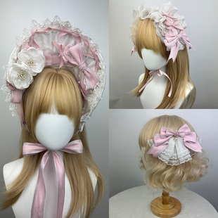 Lolita原创圣诞g浅粉色波奈特蕾丝发夹洛丽塔发带对夹BNT帽子发带