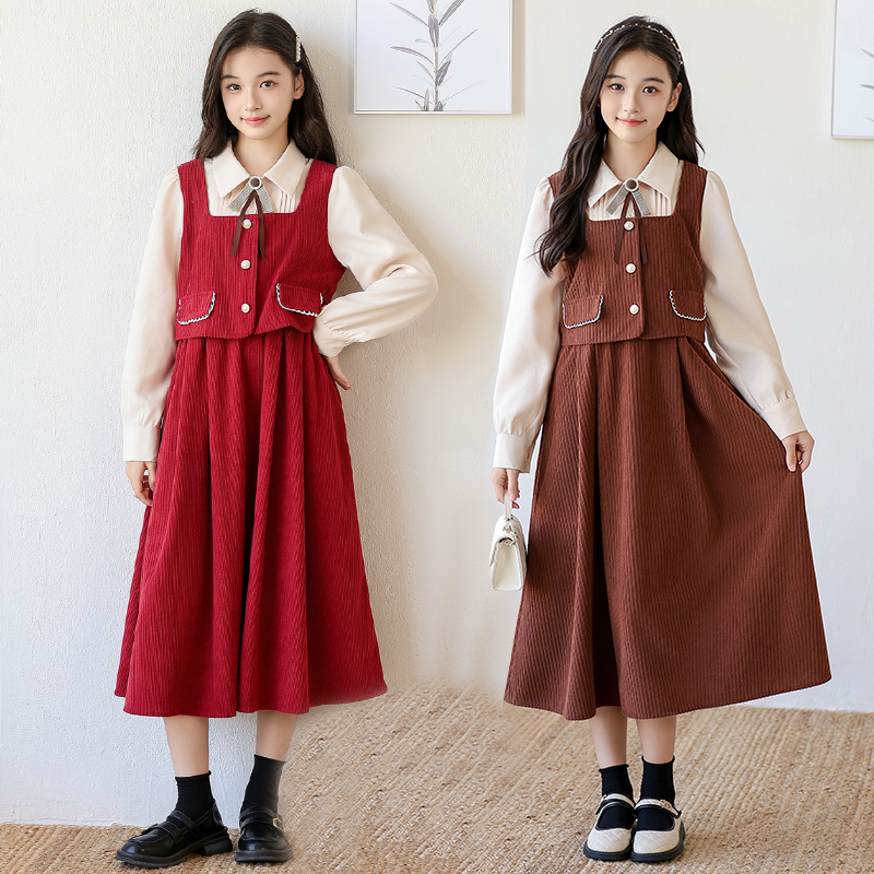 中大女童假两件连衣裙2025新款气质学院风长裙子洋气公主裙秋冬装