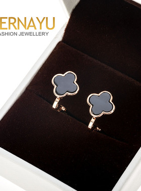 个性不对称四叶草黑色蚊香片无耳洞耳夹港风日韩简约学生耳环耳饰