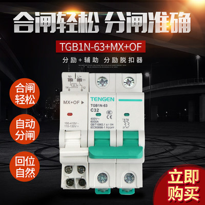 。TENGEN天正 TGB1N-63单相2P断路器分励脱扣辅助远程消防强切MX+