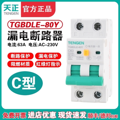 TENGEN天正TGBDLE-80Y漏电断路器 C型断路器空气开关漏保2P 220V