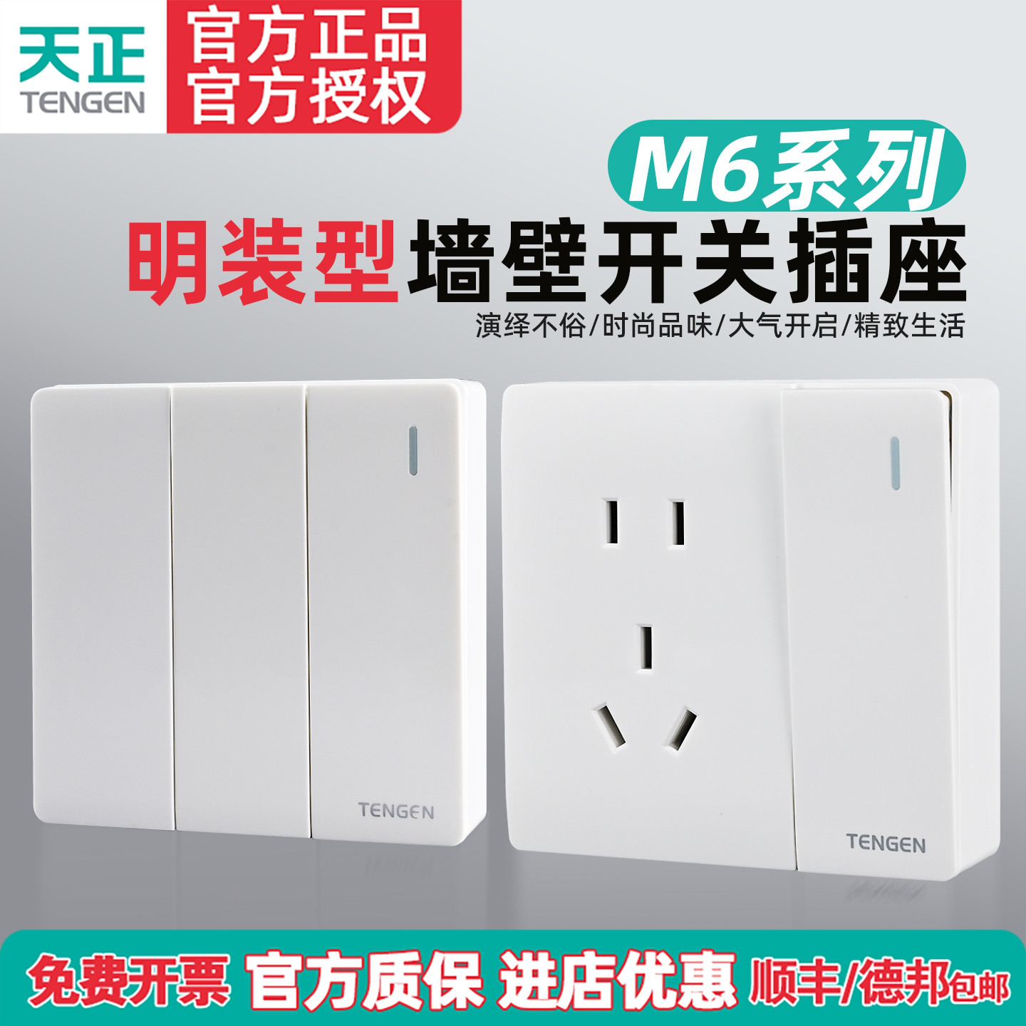 TENGEN天正M6明装墙壁开关插座面板86型家用空调多孔一开五孔白色