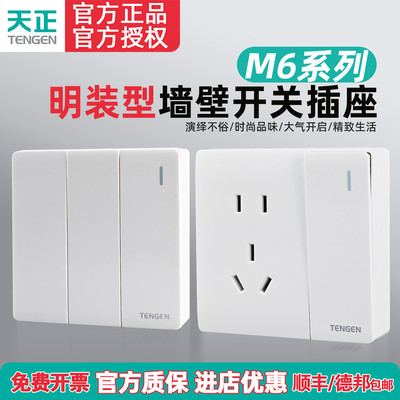 TENGEN天正M6明装墙壁开关插座面板86型家用空调多孔一开五孔白色