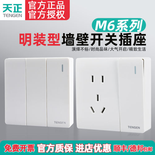 TENGEN天正M6明装墙壁开关插座面板86型家用空调多孔一开五孔白色