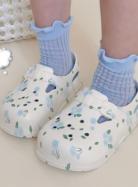 日系蓝色小花儿童洞洞鞋百搭室外休闲防滑少女心女童宝宝夏季凉鞋