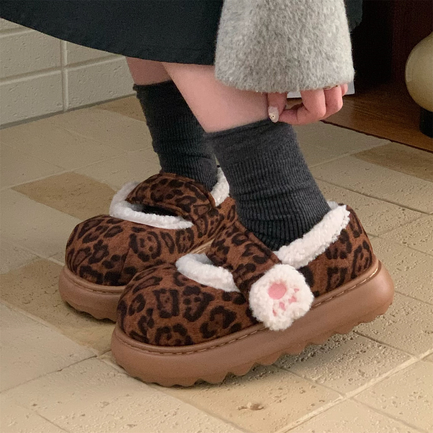 可爱猫爪玛丽珍豆豆鞋冬季魔术贴高级感豹纹防滑女士舒适学生棉鞋,女鞋,棉鞋,淘宝优惠券,粉丝福利购,淘宝优惠卷