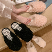 韩系新款 女士 保暖平底防滑棉拖鞋 冬季 网红ins卷毛可爱月子棉拖鞋