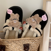 网红可爱围巾小熊亲子勃肯鞋 保暖加绒软底防滑全包跟棉拖鞋 女冬季