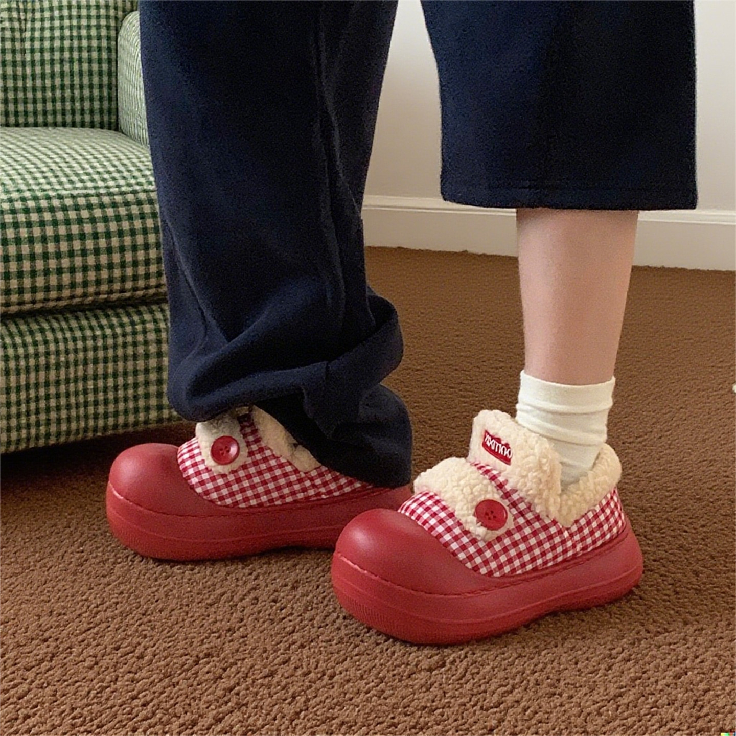 休闲厚底加绒加厚可爱撞色拼接乐福棉鞋冬季保暖防滑豆豆鞋女ins,女鞋,棉鞋,淘宝优惠券,粉丝福利购,淘宝优惠卷