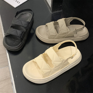 休闲外穿纯色罗马凉鞋 女夏季 简约百搭防滑平底舒适个性 双带沙滩鞋