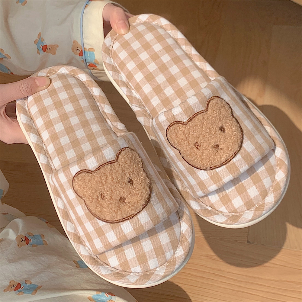 可爱小熊居家防滑透气棉麻拖鞋女