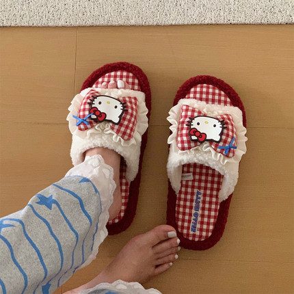 网红居家防滑地板毛毛拖鞋女正版HelloKitty冬季少女心一字棉拖鞋