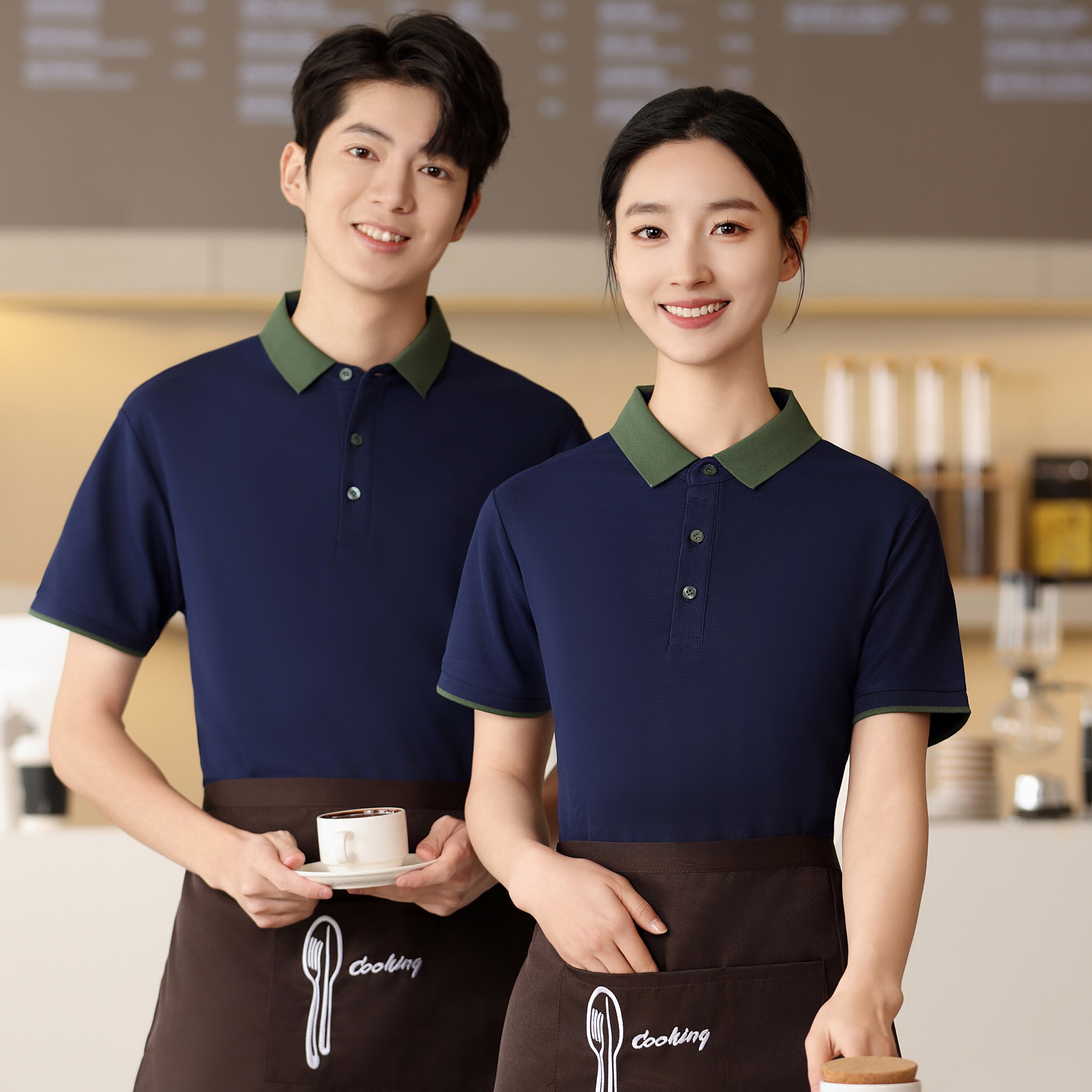 翻领短袖POLO衫餐饮服务员工作服男女工装制服定制印logo拼领撞色