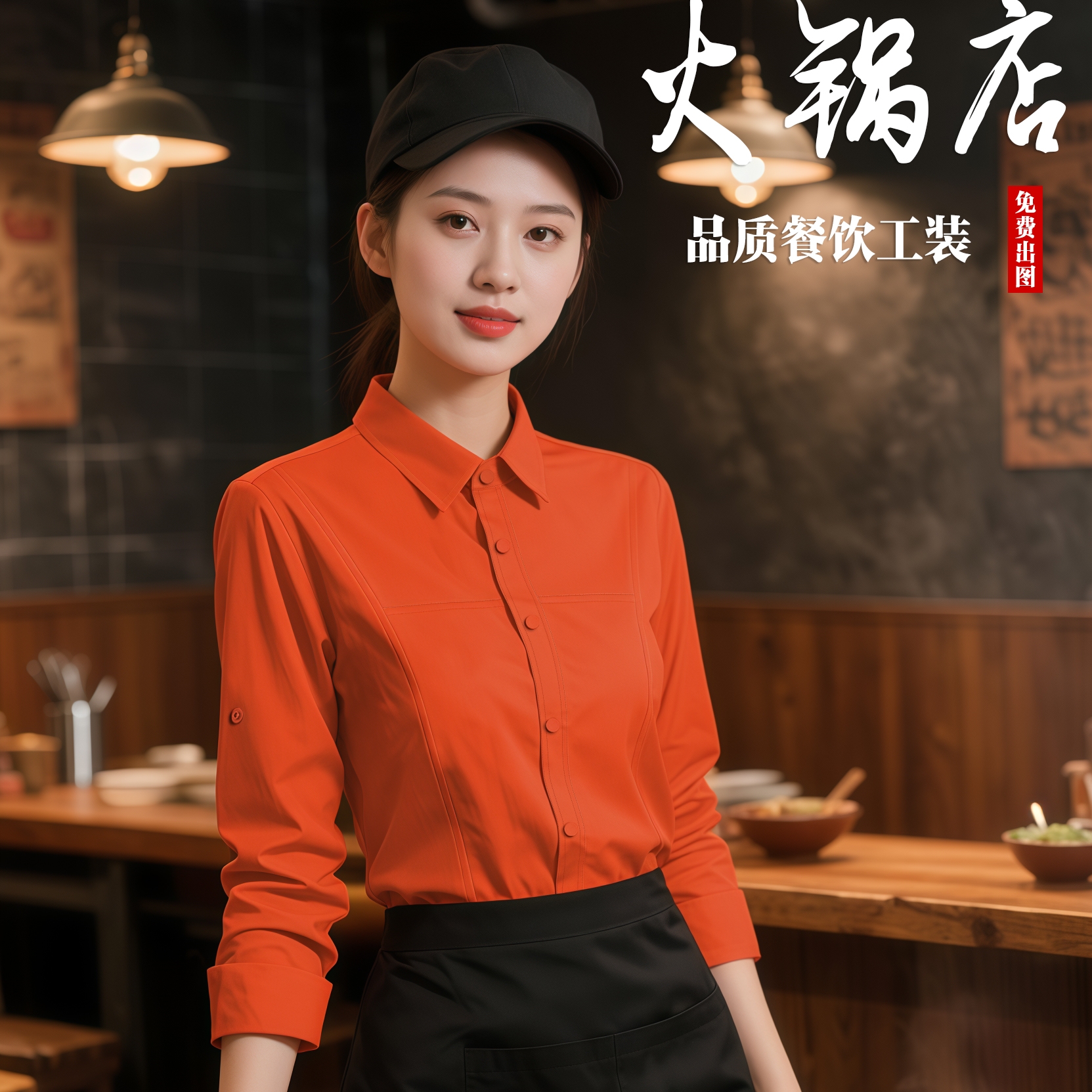 高档餐饮工作服长袖女橙色服务员制服餐厅咖啡店定制刺绣衬衫