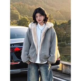 美式连帽座山雕棉服外套男女款冬季加绒加厚棉袄毛领蛋白皮衣夹克