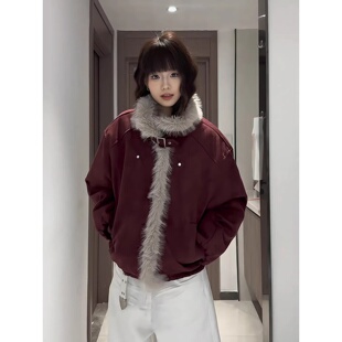 酒红色美式座山雕棉服男女款冬季圣诞穿搭麂皮绒外套立领棉衣袄子