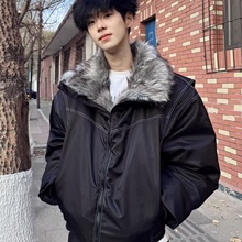 黑色毛领座山雕羽绒服男款冬季设计感保暖棉衣短款解构夹克外套潮