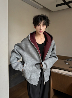 oclin帝王红内空气层卫衣男款秋季高级感连帽衫cleanfit开衫外套