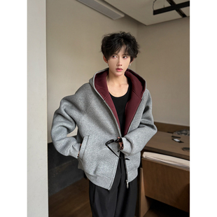 oclin帝王红内空气层卫衣男款秋季高级感连帽衫cleanfit开衫外套