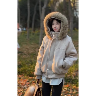 米白色大毛领座山雕毛呢外套男女款冬季加厚棉衣夹克保暖短款棉服