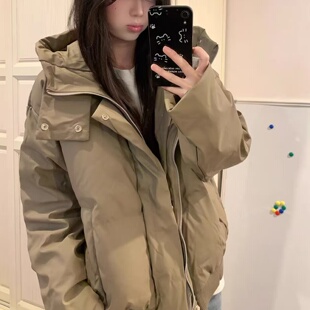 卡其色美式pu皮连帽羽绒棉服男款冬季加厚短款立领面包服棉衣外套