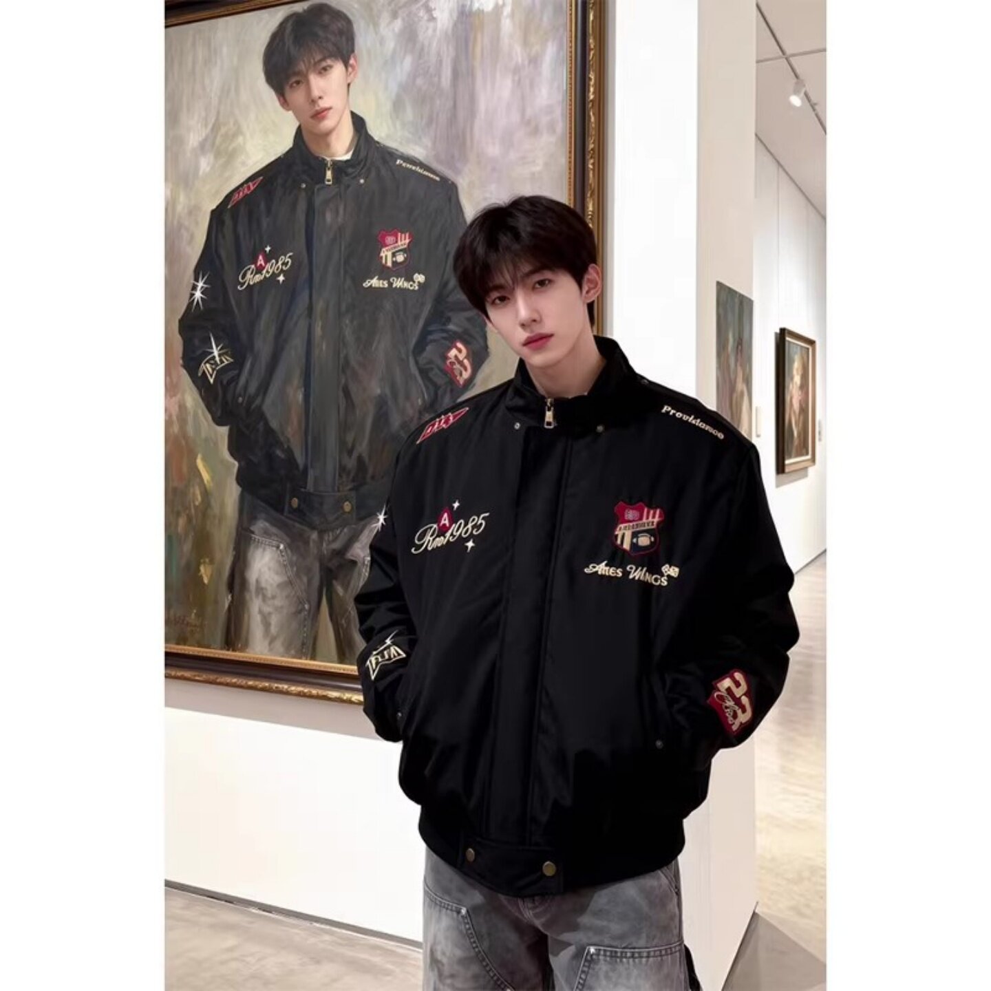 黑色美式刺绣夹克棉服男冬季可拆卸连帽座山雕外套潮牌加厚机车服