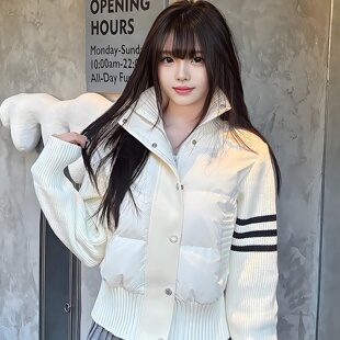 白色三条杠拼接针织羽绒棉服男冬加厚保暖棉衣立领设计感短款棉服