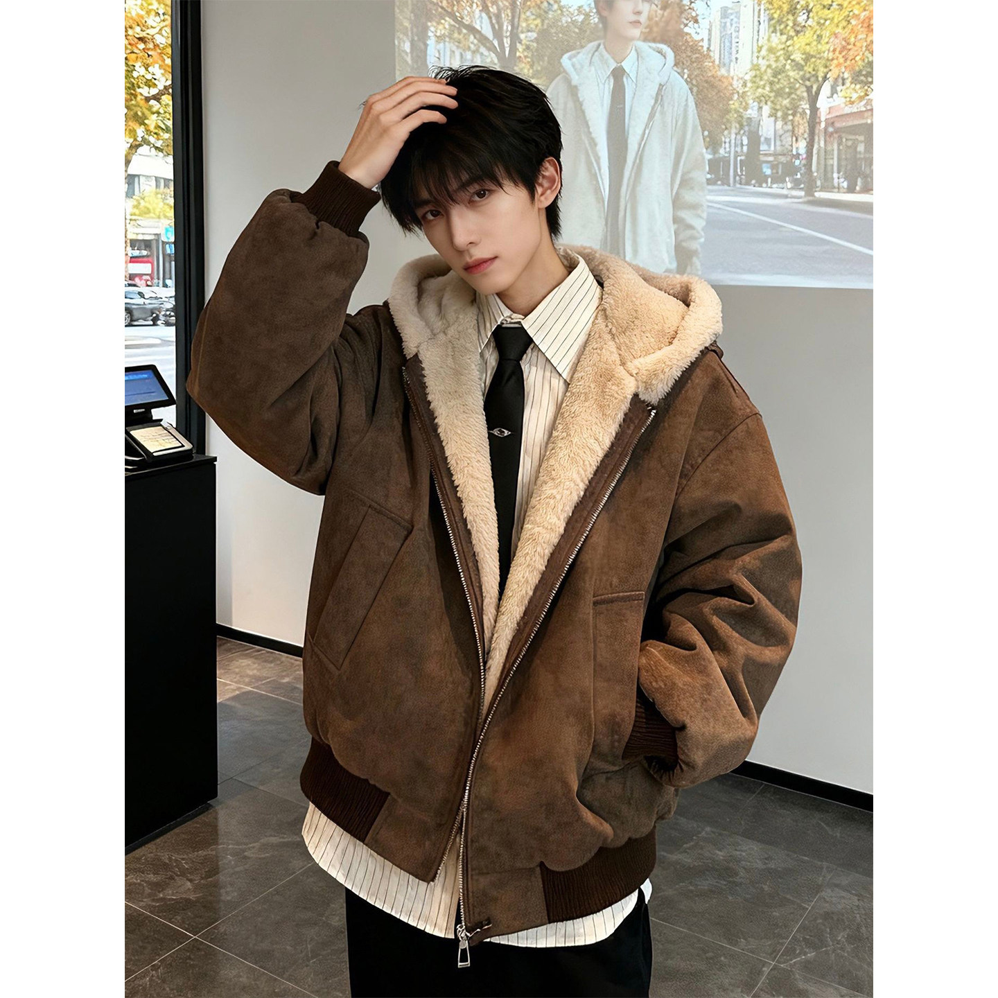 美式加绒座山雕外套棉服男款冬季加厚连帽高级感短款PU皮夹克棉衣,男装,棉衣,淘宝优惠券,粉丝福利购,淘宝优惠卷