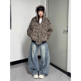 美式复古豹纹双面穿棉服男女款冬季连帽加绒外套PU皮短款夹克棉衣