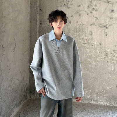 美式复古假两件polo卫衣男秋冬条纹衬衫v领长袖t恤痞帅高级感男装