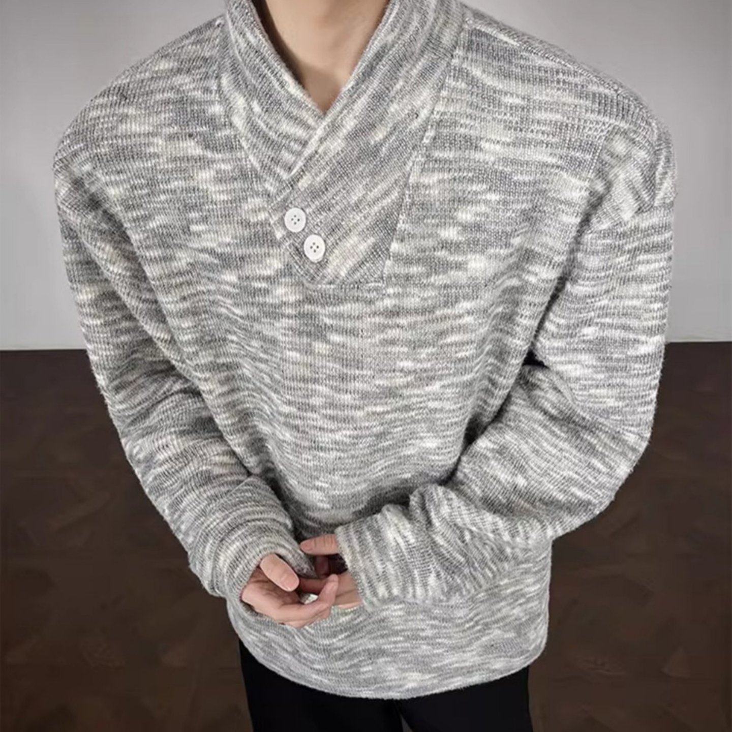 白灰色双层斜立领针织卫衣男款冬季慵懒风加厚毛衣美式内搭打底衫,男装,针织衫/毛衣,淘宝优惠券,粉丝福利购,淘宝优惠卷