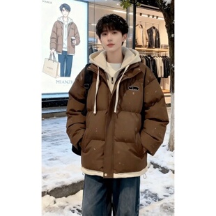 咖色假两件连帽羽绒棉服男款冬季青少年加厚面包服防寒保暖棉袄潮