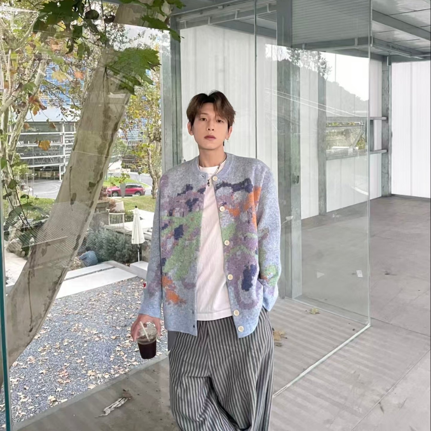 天蓝色提花开衫毛衣男冬季慵懒风软糯针织衫cleanfit彩色涂鸦外套