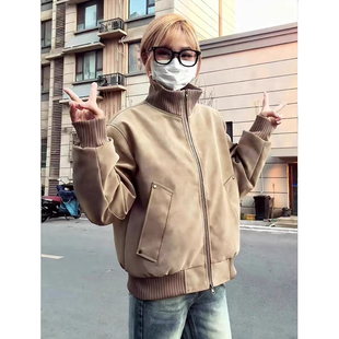 美式复古扎染pu皮棉服男款冬季加厚绒保暖棉衣bomber飞行夹克外套