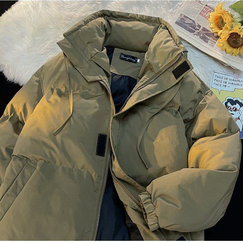 咖啡色怀旧复古风纯色立领羽绒棉服男