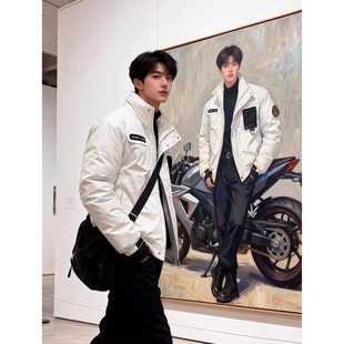 白色美式骑兵棉服男款冬季加厚高级感帅机车服正肩短款工装外套潮