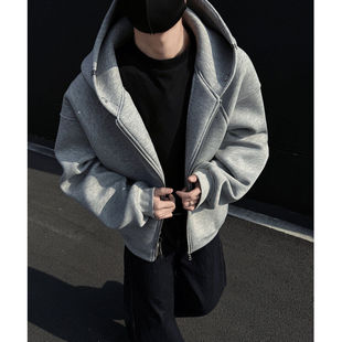 500克重磅太空棉开衫卫衣男春秋季高级感廓形短款外套硬挺连帽衫